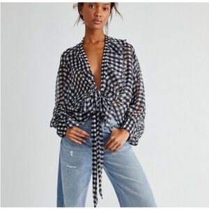 Free People Picnic Plaid Gingham Tie Front Ruffle Sheer Shirt One Size NWT